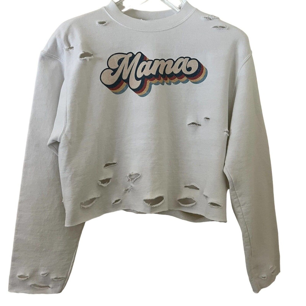 MAMA Retro Rainbow Upcycled Reworked Cropped Sweatshirt Champion Brand - Medium